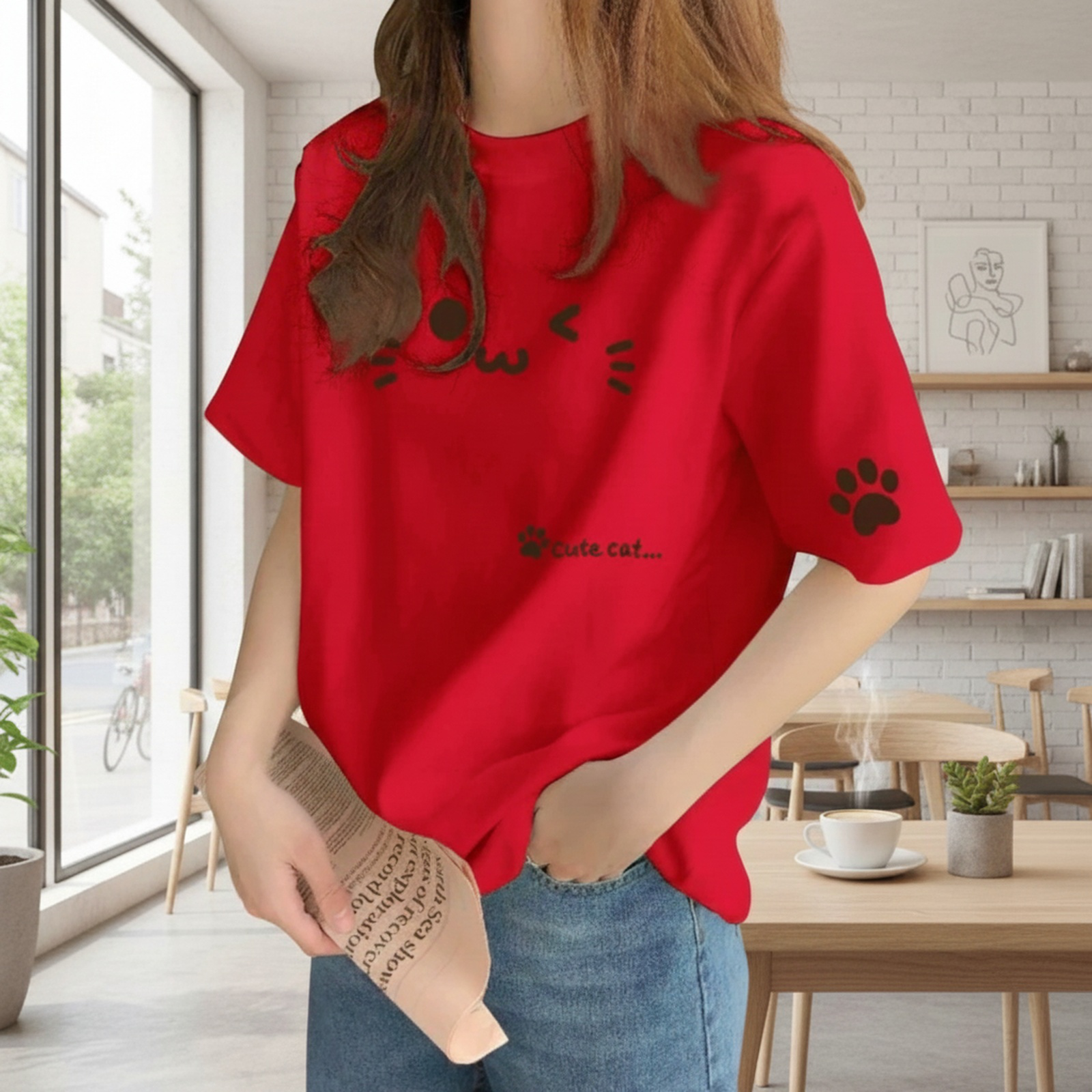 デザイン感のある レディース コットン ベージュ インナーTシャツ