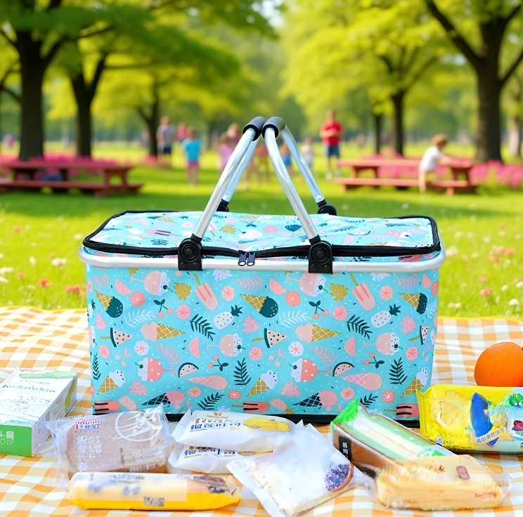 Folding Insulated Outdoor Picnic Basket on grassy picnic spot