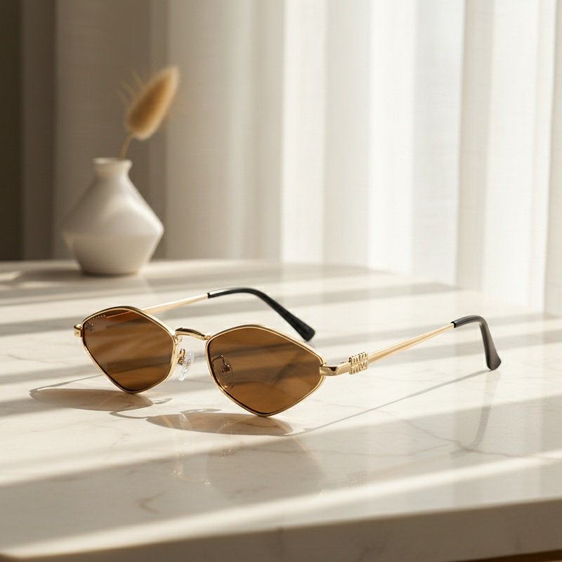 Polygonal Ocean-themed Women's Sunglasses, Small Frame Square Sunglasses, Metal Eyeglasses