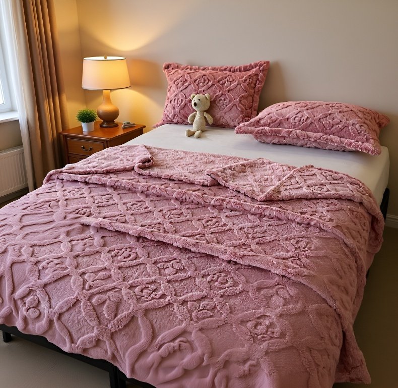 Detalle de textura jacquard en manta de felpa de coral