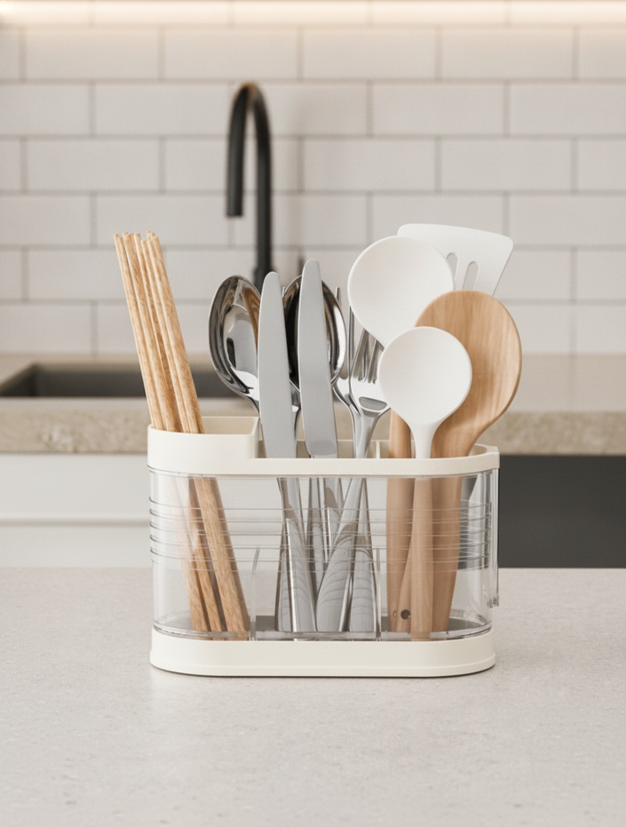 Neatly organized chopsticks and cutlery in kitchen organizer