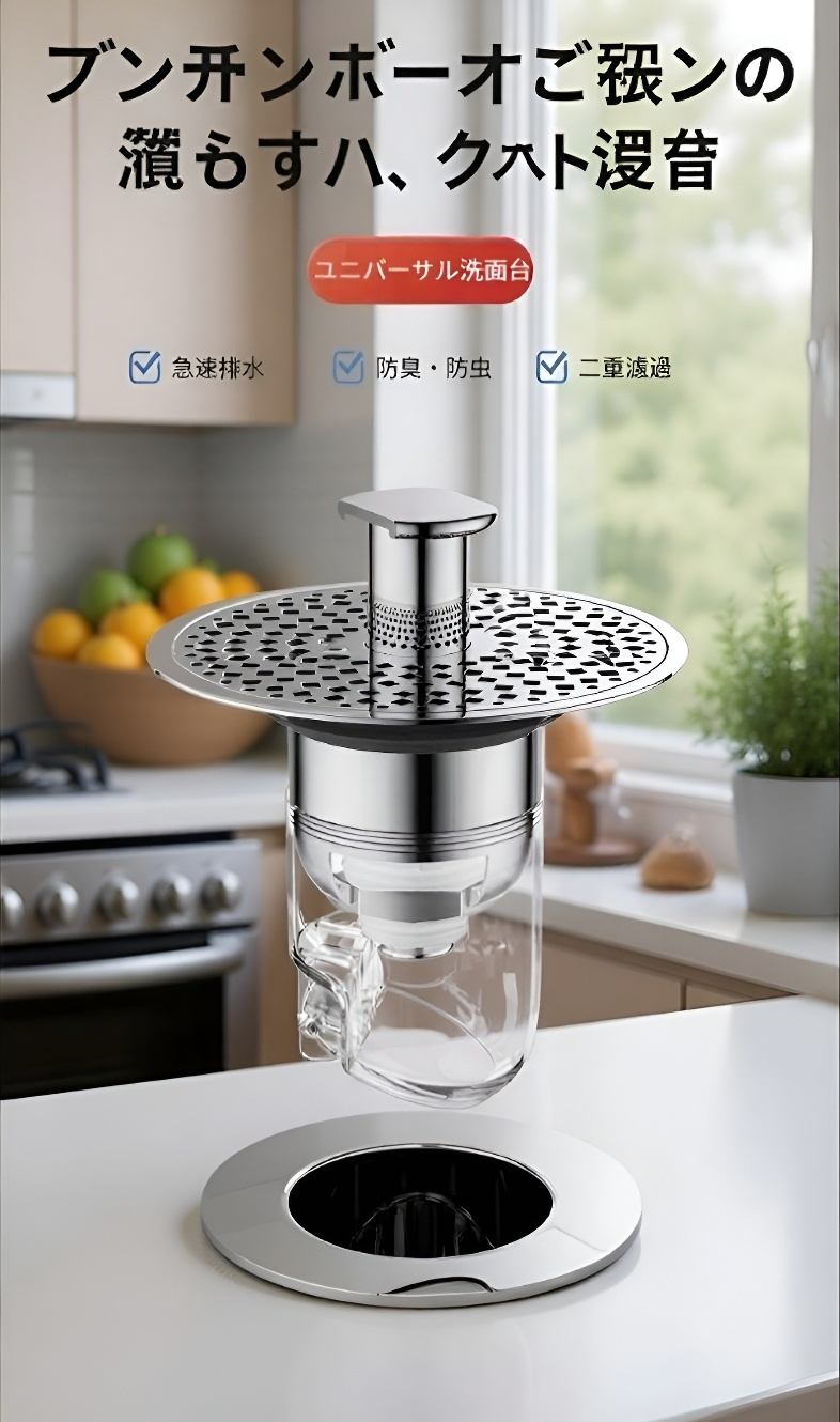 ユニバーサルバウンスコア水栓 洗面台用 プッシュ式防臭設計