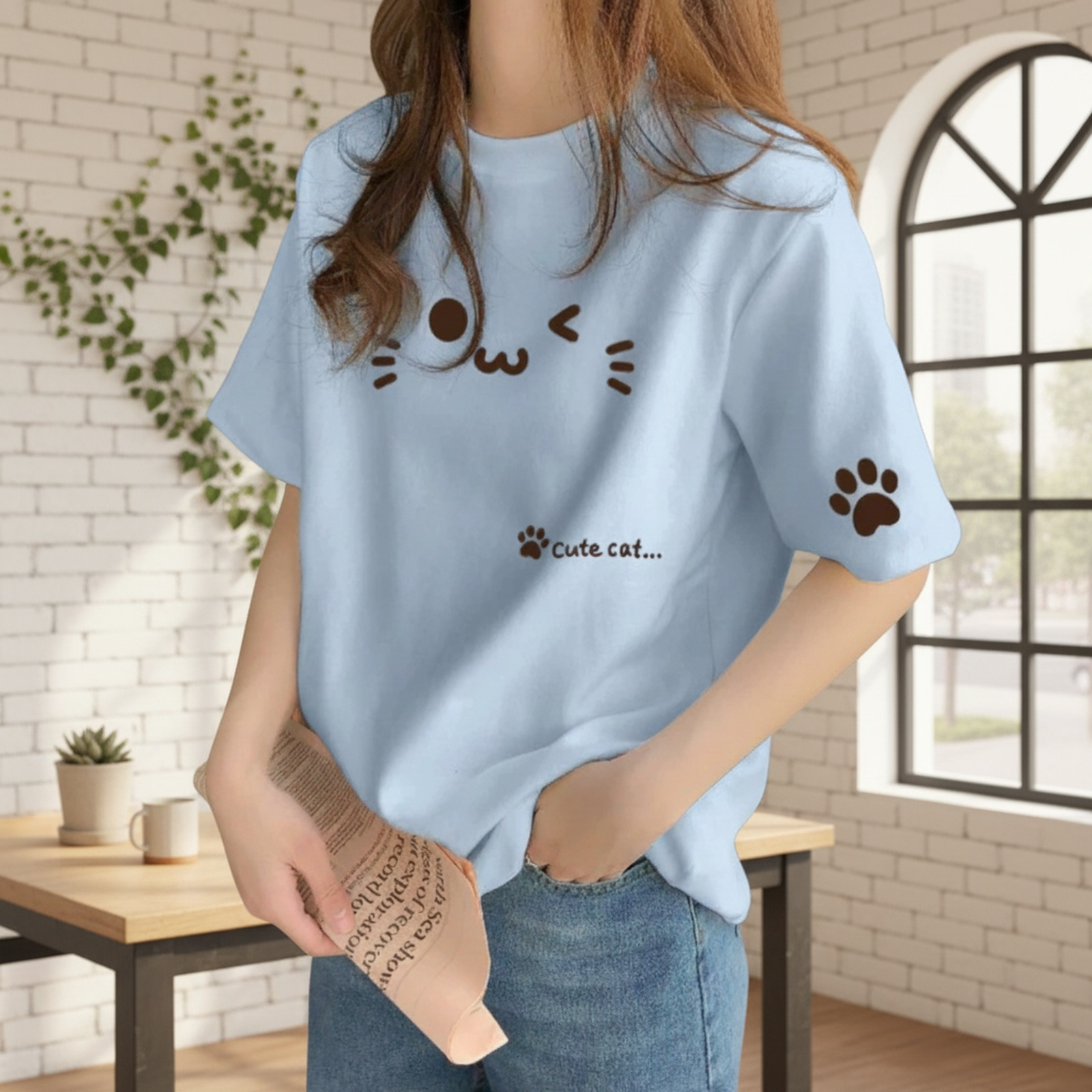 デザイン感のある レディース コットン ベージュ インナーTシャツ