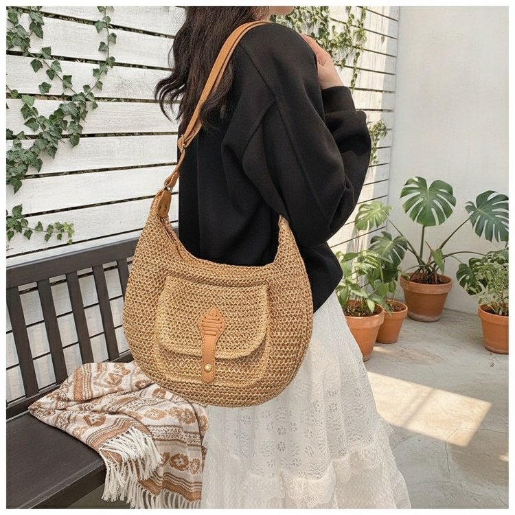 패션 데일리 라탄 숄더 크로스백 새들백