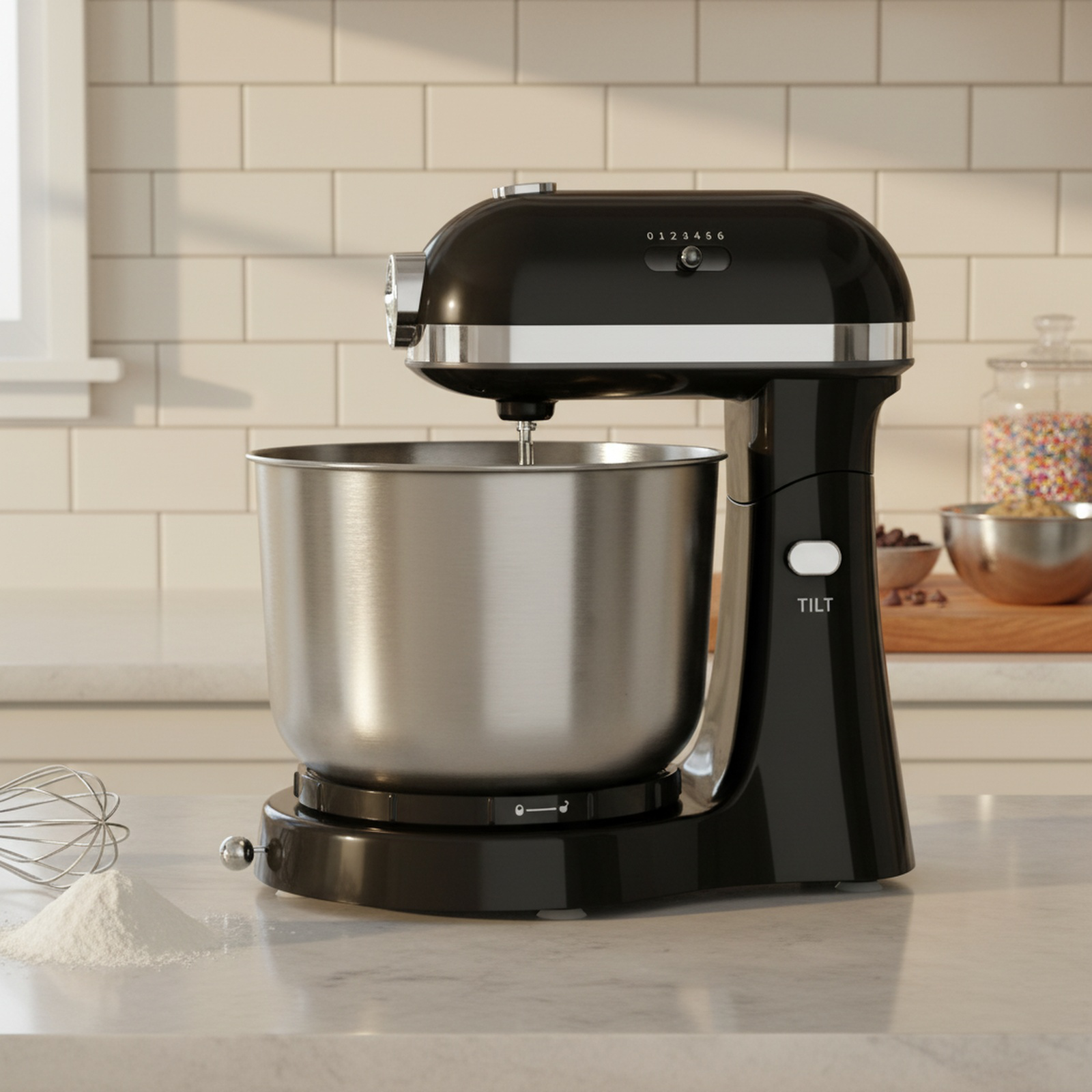 Close-up of mixer bowl and whisk attachment