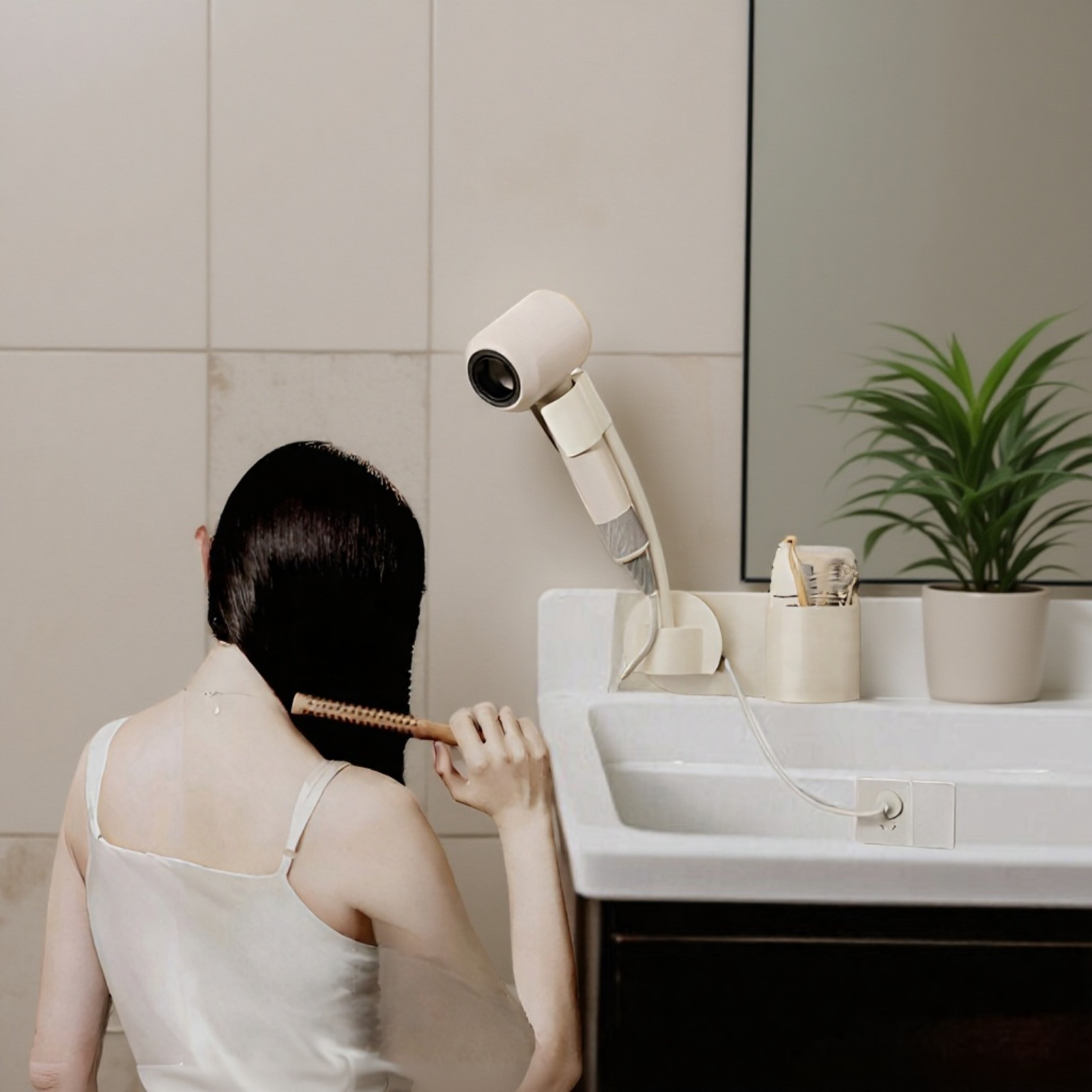 Soporte resistente para secador de pelo manos libres en uso