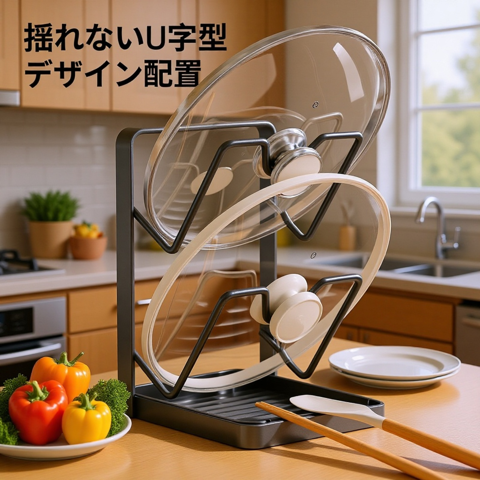 キッチン穴あけ不要ステンレス鍋蓋ラック