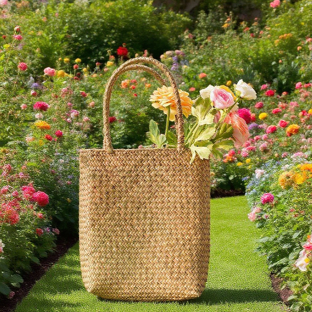 Cesta de mano tejida de algas marinas estilo nórdico