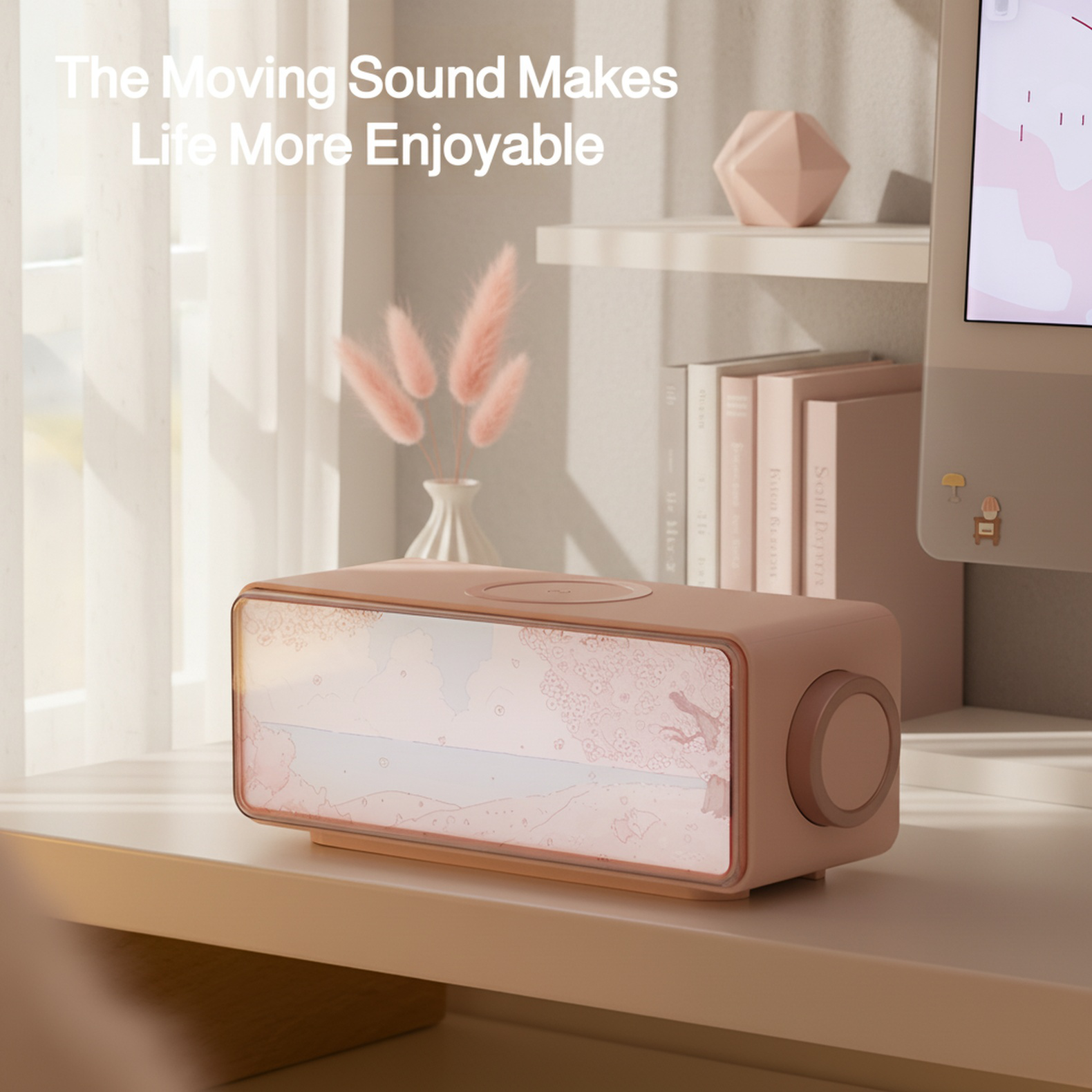 Modern painting-inspired night light speaker in living room