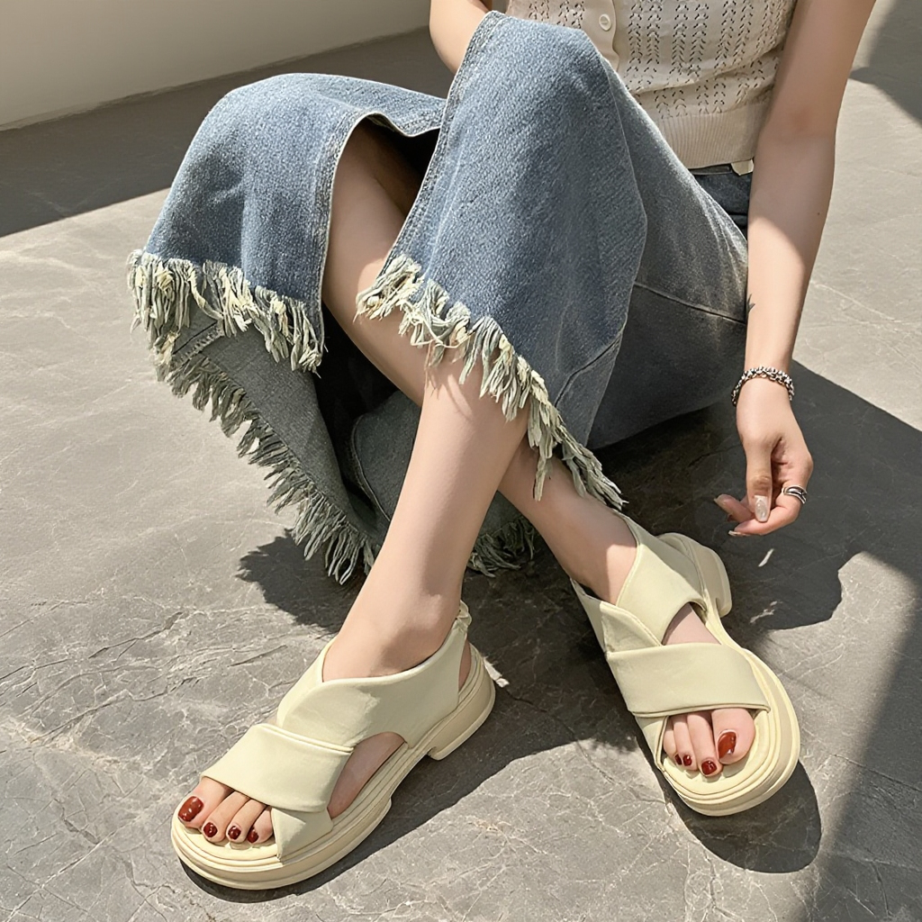 新作ファッションサンダル、クロス厚底サンダル、レディース、シンプルな無地ビーチシューズ、トレンドのライトサンダル、カジュアルシューズ