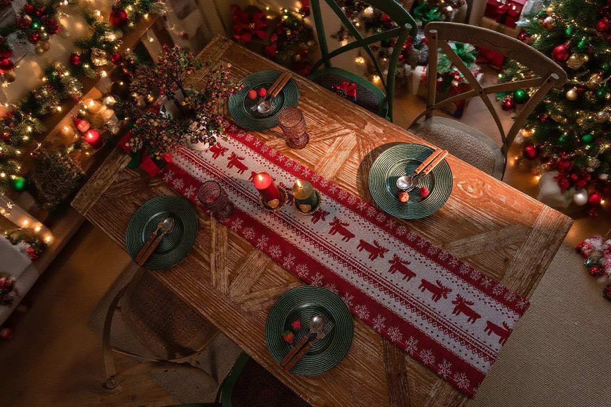 赤いジャカードのテーブル旗全体画像