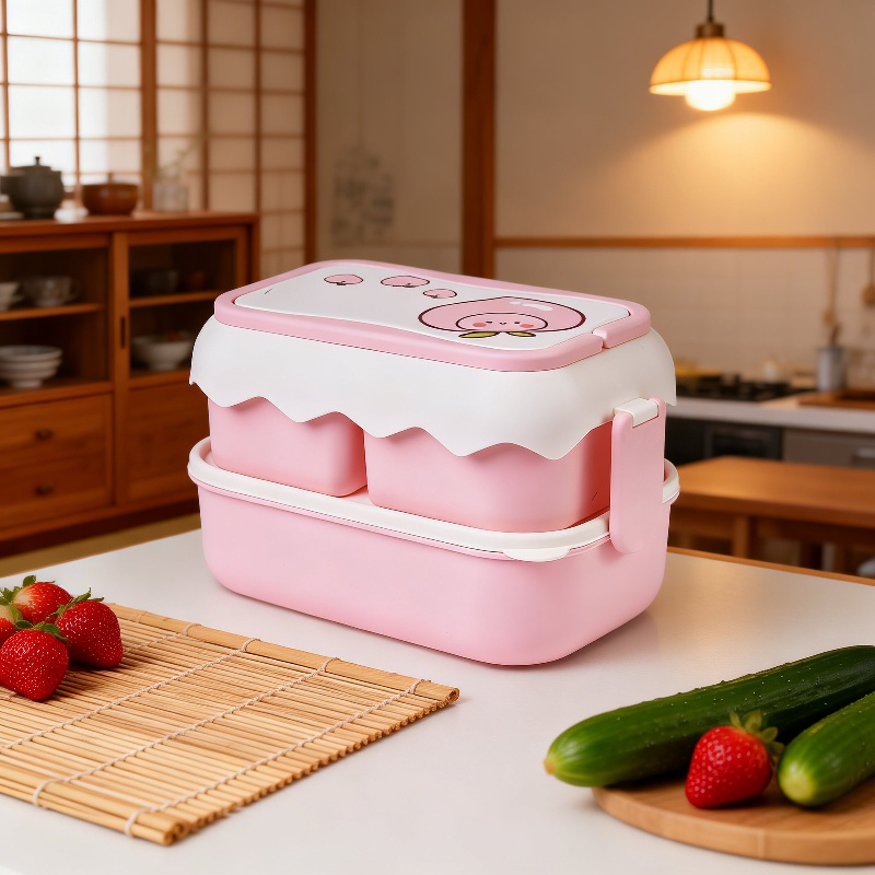 2段電子レンジ対応弁当箱 学生・オフィス用 食器付き