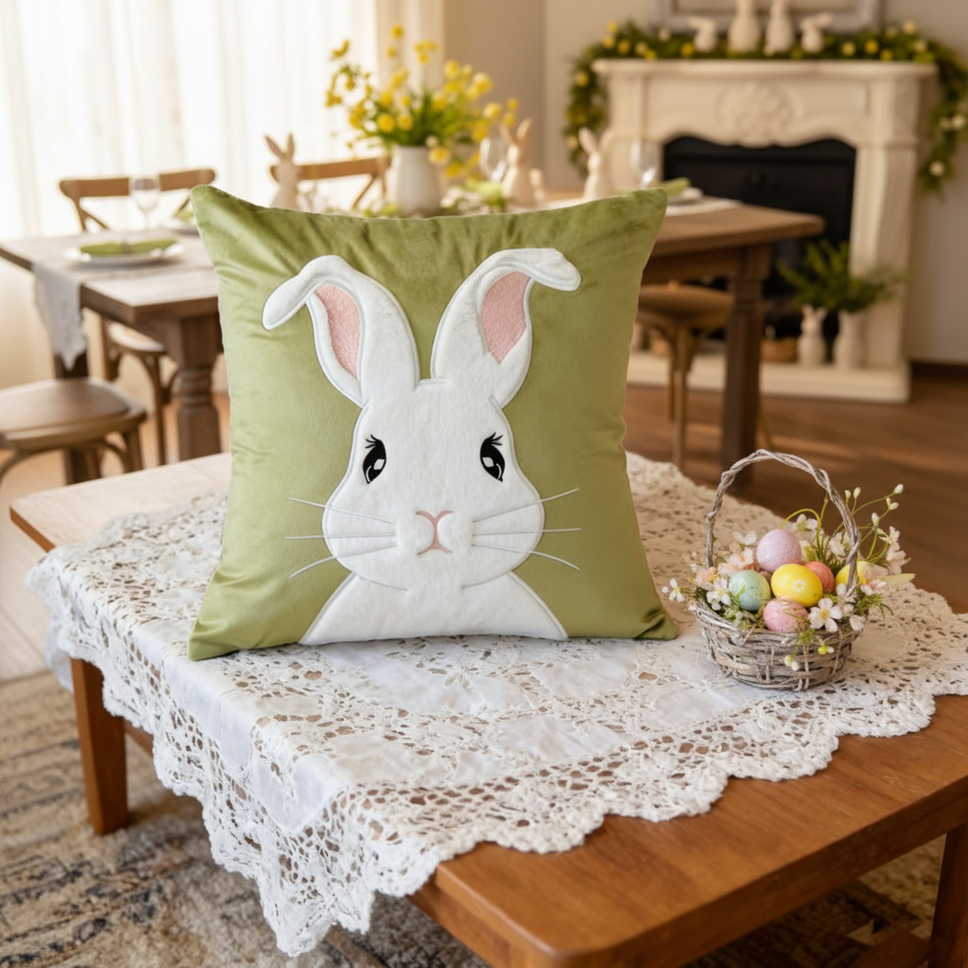 Cute Easter Bunny Embroidered Sofa Cushion Pillow Cover Holiday Decoration