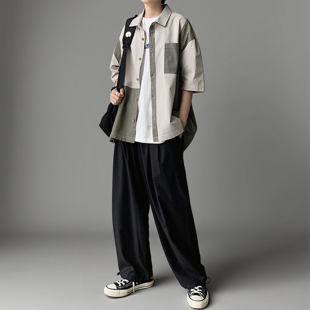 夏のレトロ風切り替え五分袖シャツ メンズ
