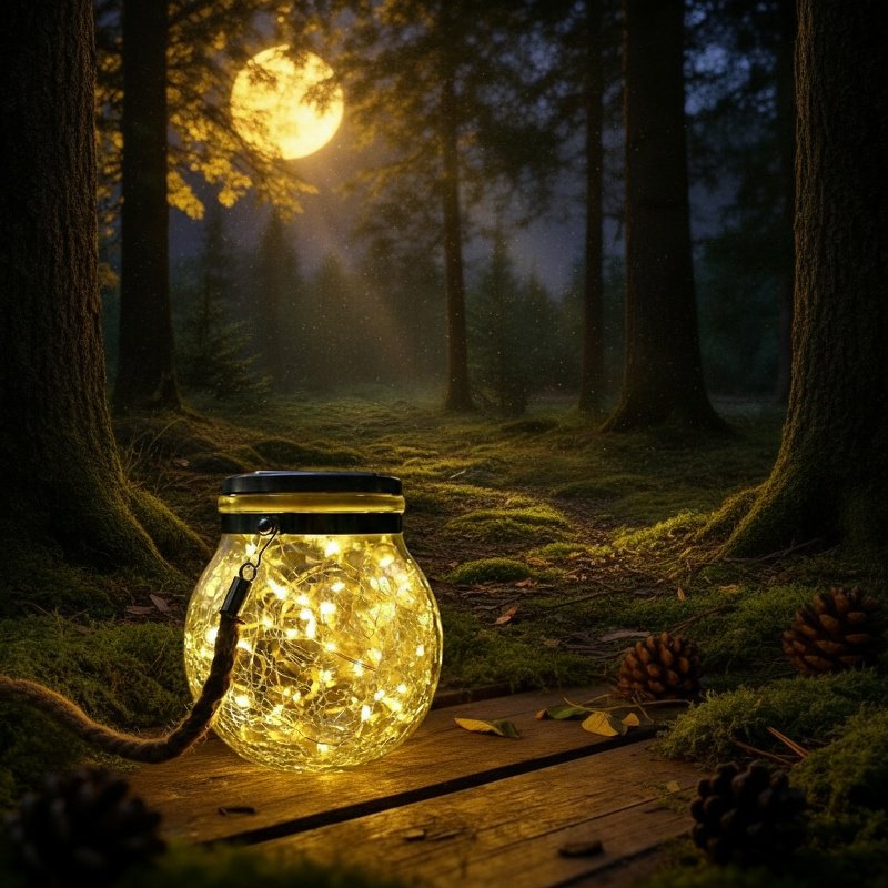 Detalle de la lámpara botella solar encendida por la noche