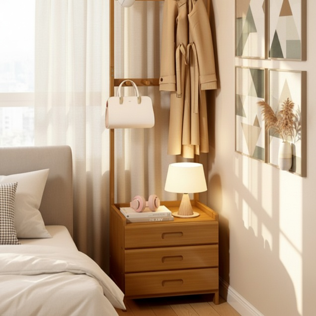 Portemanteau polyvalent avec étagère de rangement et table de chevet, parfait pour la chambre
