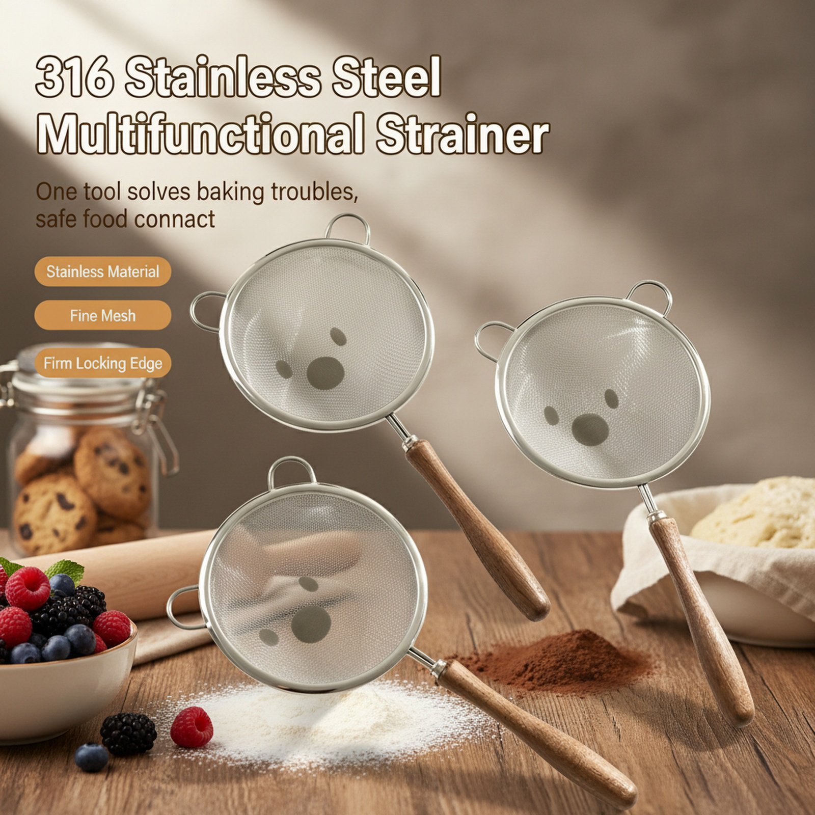 Multipurpose Fine Mesh Strainer, Wooden Handle Flour Sieve, Baking Kitchen Filter