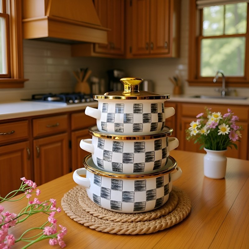 Enameled 3-piece instant noodle pot set, gray and white checkered flat bottom double handle instant 