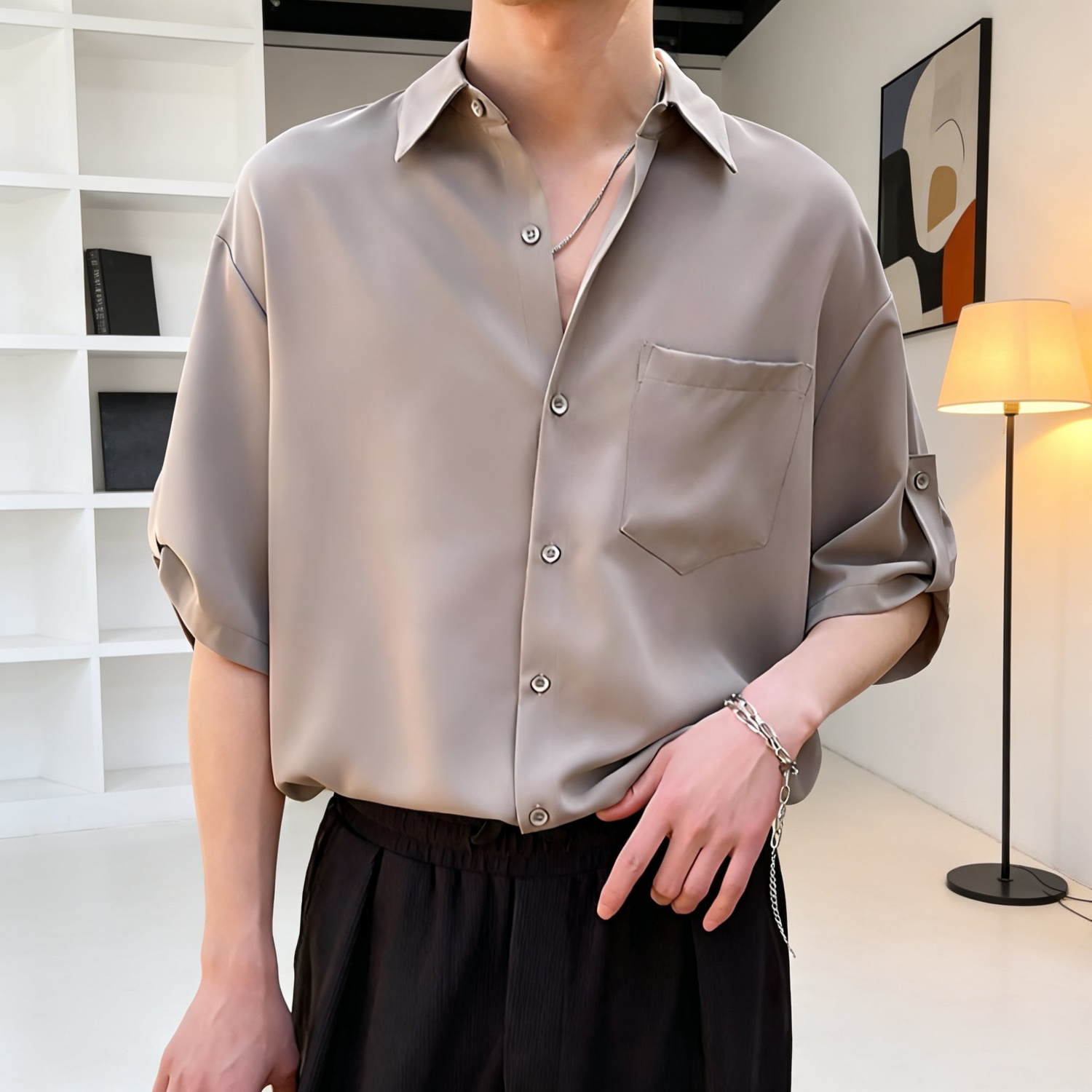 여름용 남성 아이스 실크 7부 소매 셔츠