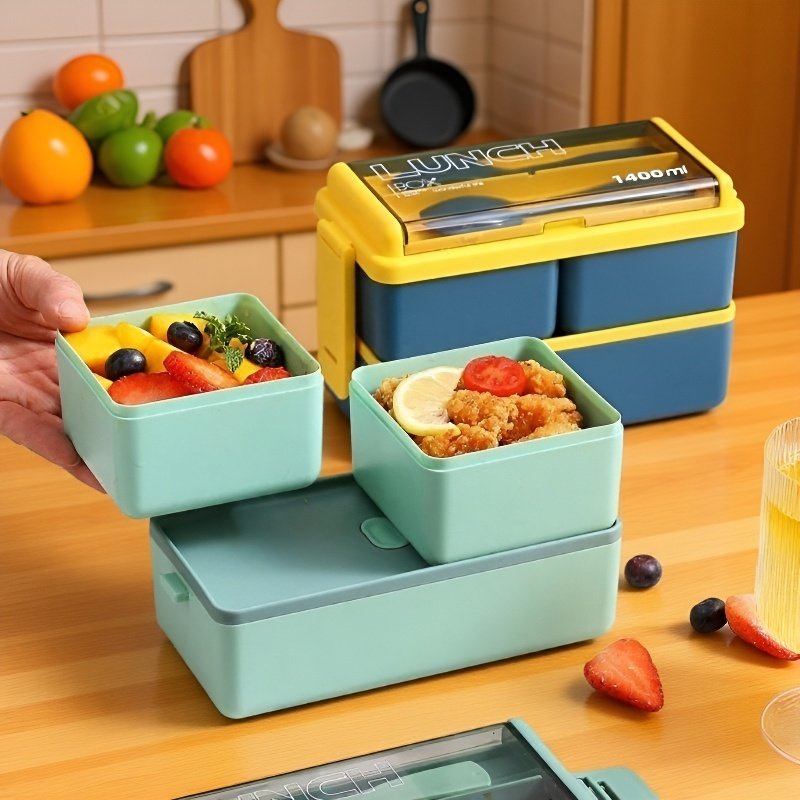 Caja de almuerzo portátil de doble capa, microondas, separada y de gran capacidad