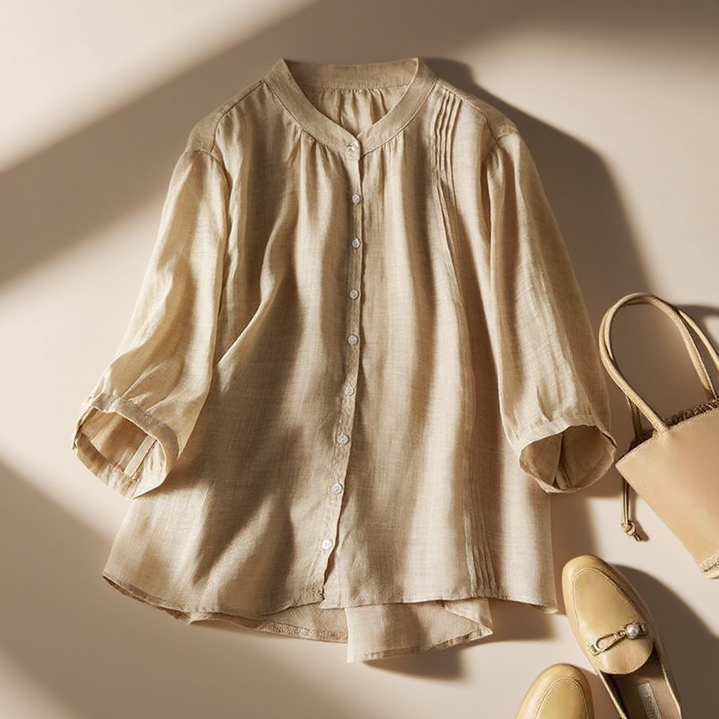 2025 여름 차이나 풍금 주름 면 마 5부 블라우스 여 여름 기질 드러나는 문예 티셔츠 블라우스 여