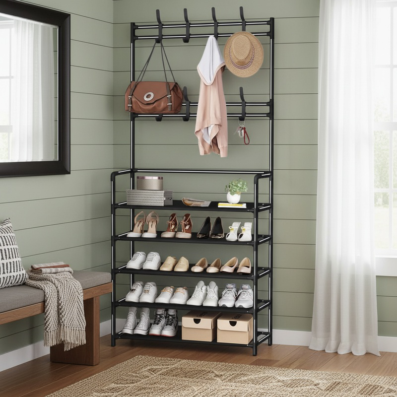 Space-saving shoe organizer and clothes rack for small rooms