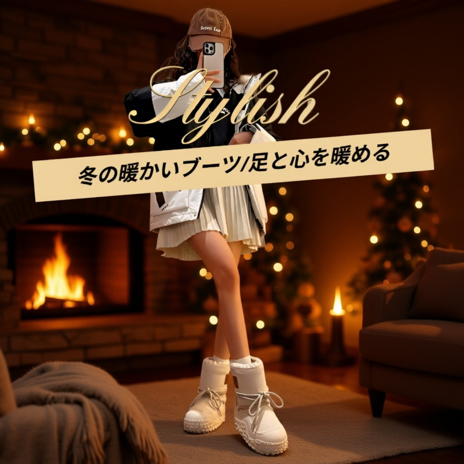 厚手保温スリーブ付き防滑防水スノーブーツ レディース正面画像