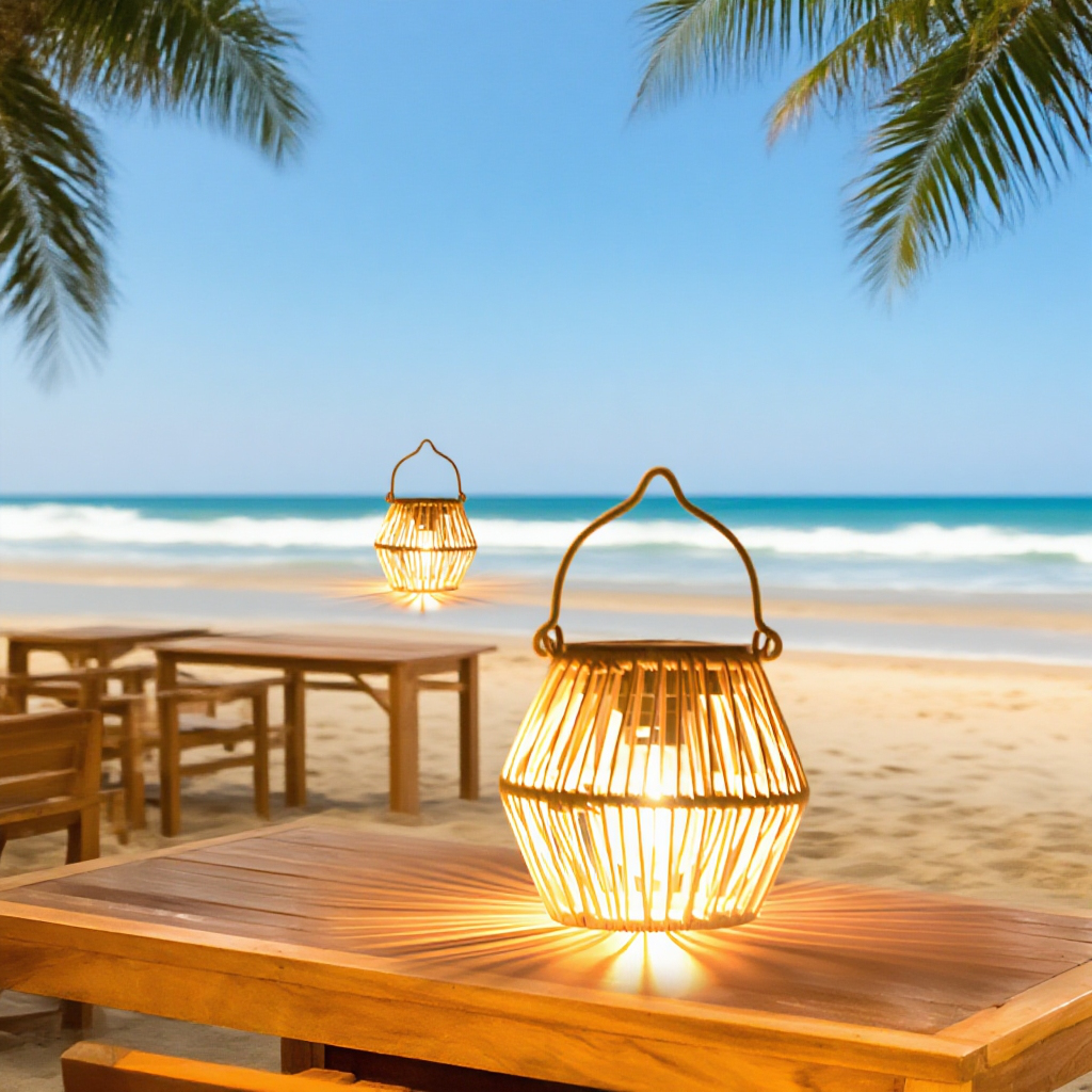 夜間点灯する竹製ガーデンランタン