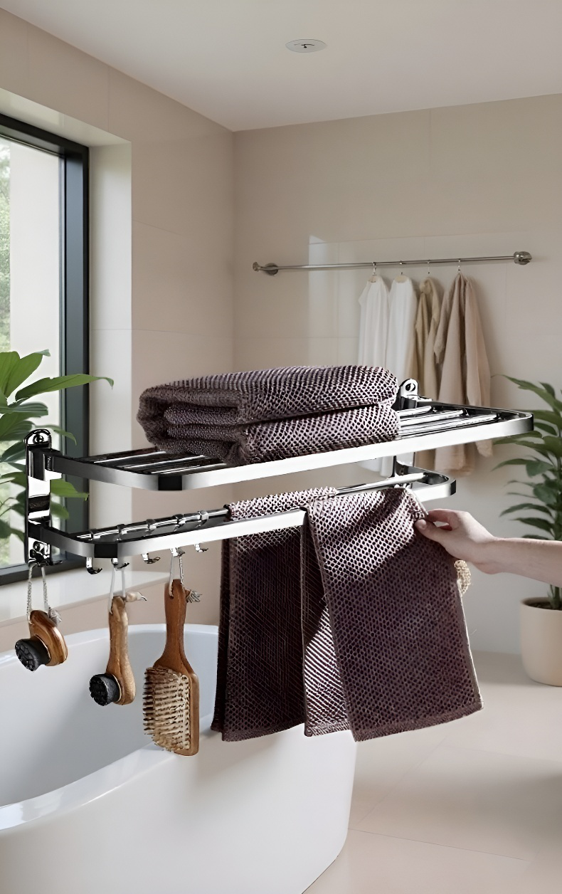Stainless steel bathroom towel shelf mounted on wall