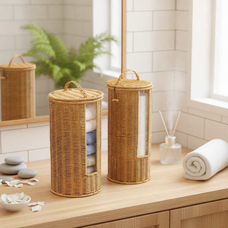 Lidded Imitation Rattan Storage Barrel Hotel Homestay Bathroom Towel Basket