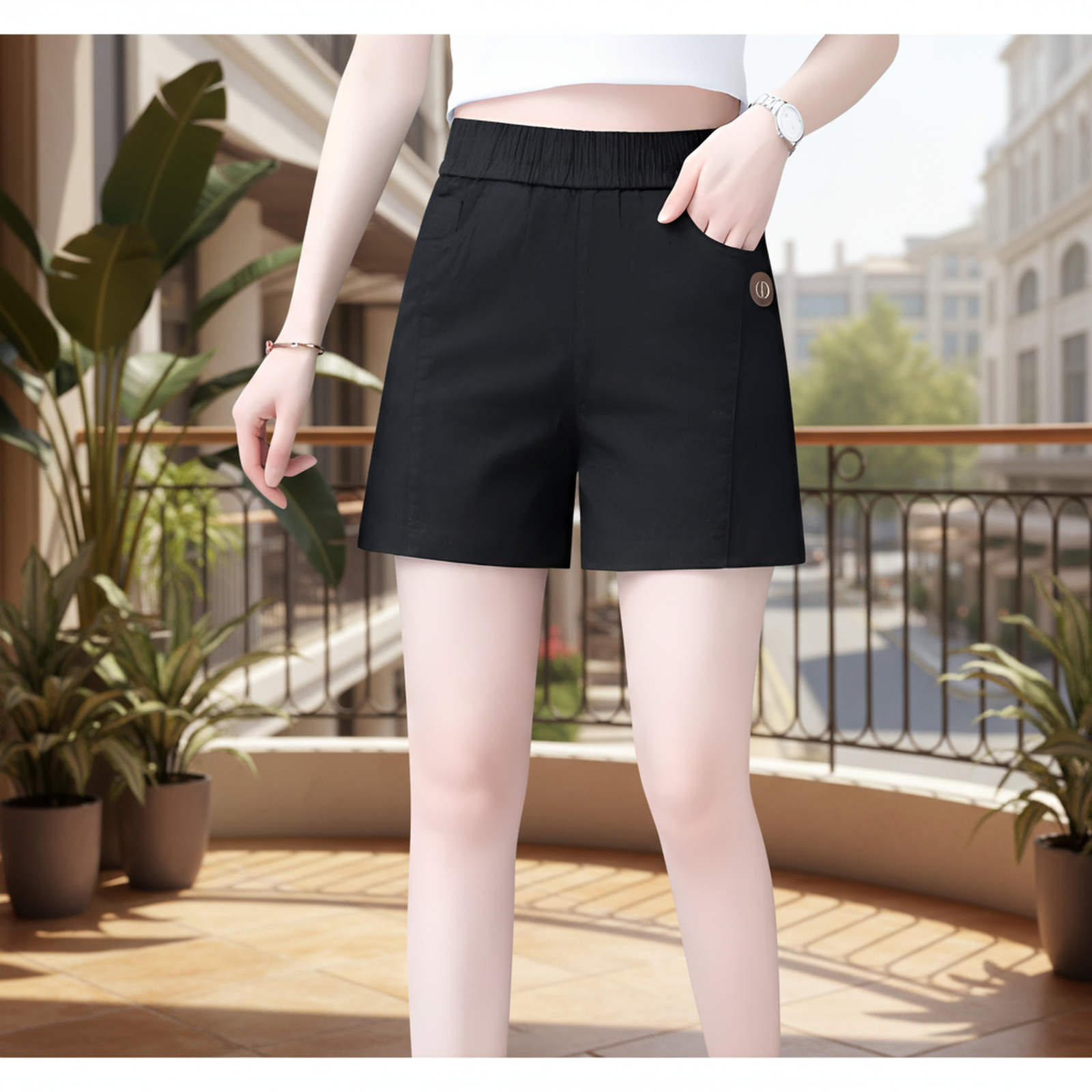 女性用ハイウエストコットンリネンショートパンツ、薄手の夏用リネン五分丈パンツ、ストレートレッグ、ゆったりとしたフィット感、スリムに見え、汎用性が高く、カジュアルで、外出着として適しています。