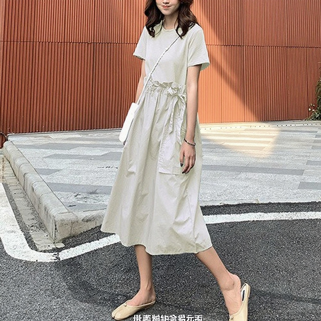 ワンピース  春 半袖 夏 綿 ドッキング 切替 ギャザー入り リボン付き 可愛い aライン きれいめ