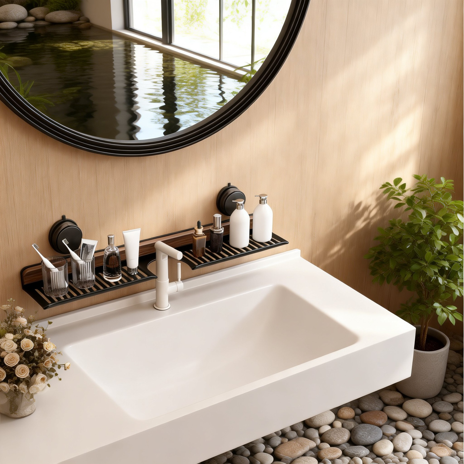 Wall Suction Cup Walnut Wood Washbasin Storage Shelf, No-Drill Bathroom Faucet Rack