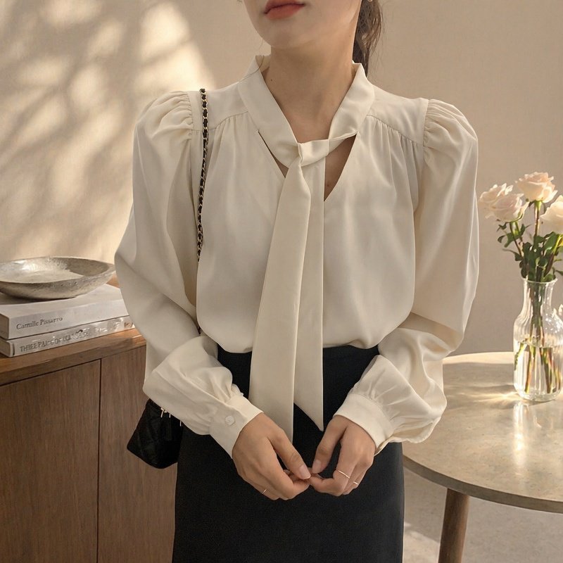 이른 봄 가을 신상 프렌치 엘레강스한 양면 퍼프소매 끈 블라우스 상의녀