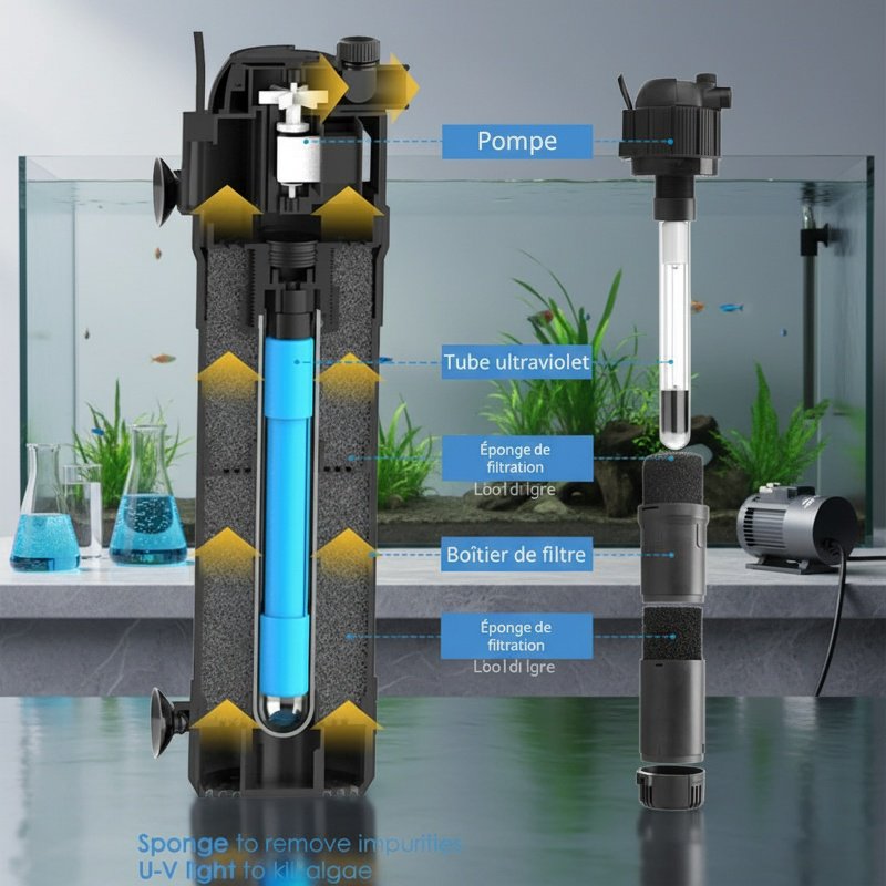 Boîte de filtration pour aquarium avec stérilisation UV, coton filtrant intégré, pompe de filtration