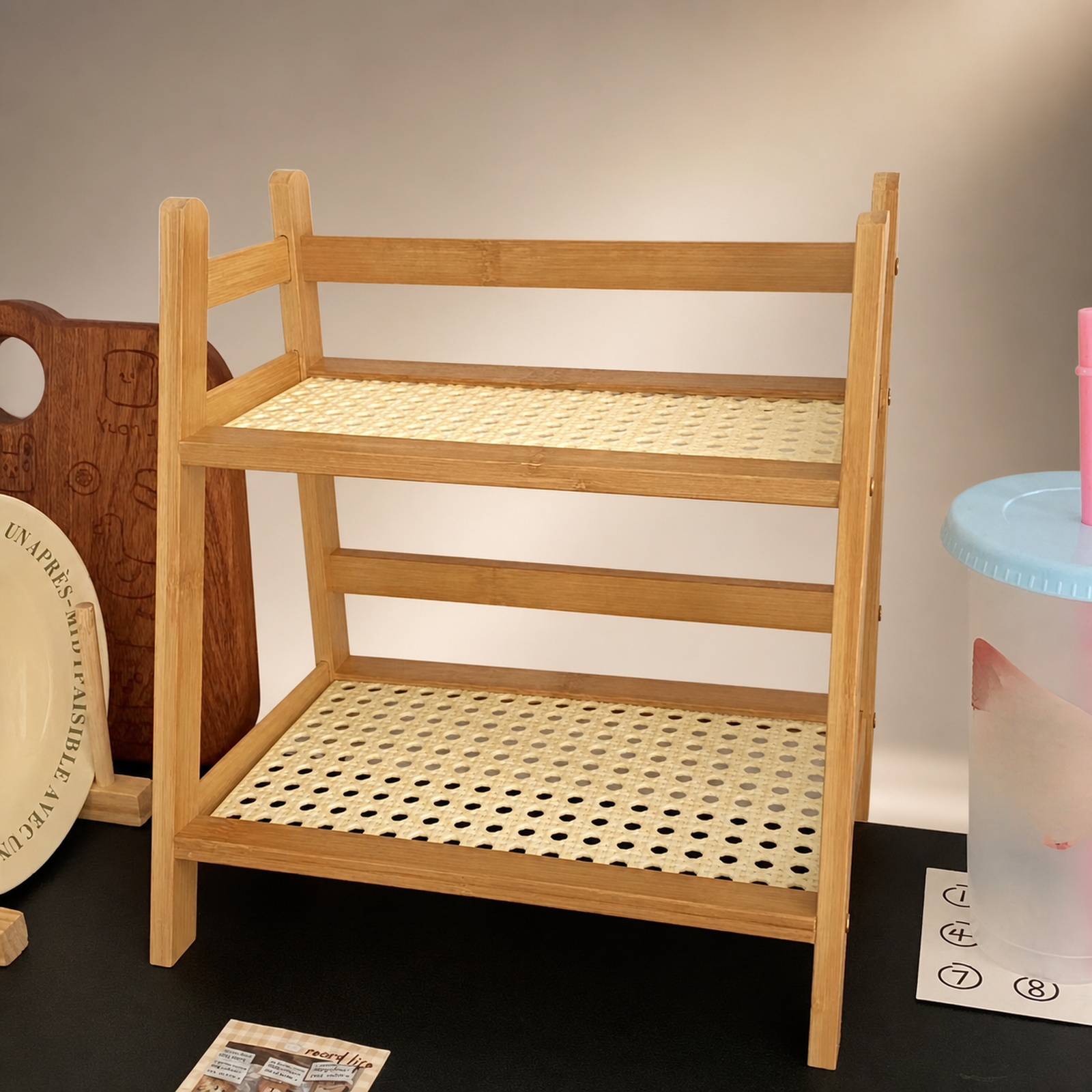 Bibliothèque de cuisine à plusieurs niveaux en plastique rotin crème