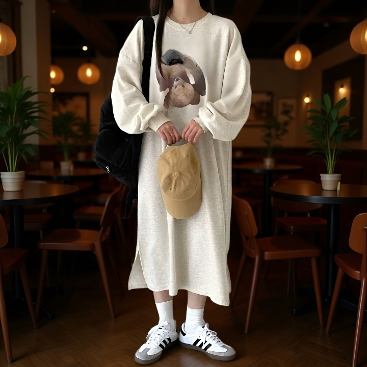 여성 긴팔 원피스 원피스 하프 기장 널찍하다 여유가 있다 느슨하다 묵히다 휴한하다 박형