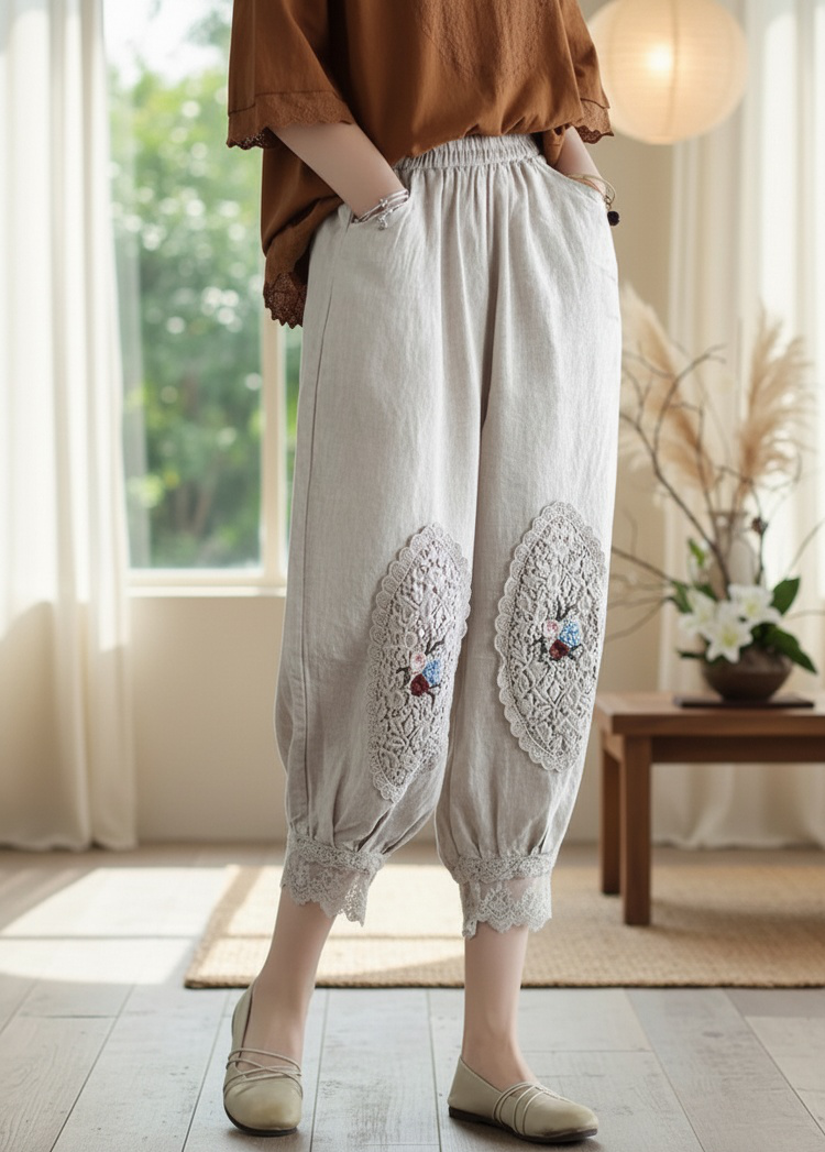 レース刺繍入りコットンリネンランタンパンツの全体画像