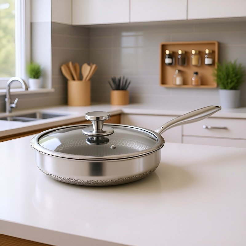 Batería de Cocina Antiadherente con Tapa, Acero Inoxidable 304, Diseño de Panal