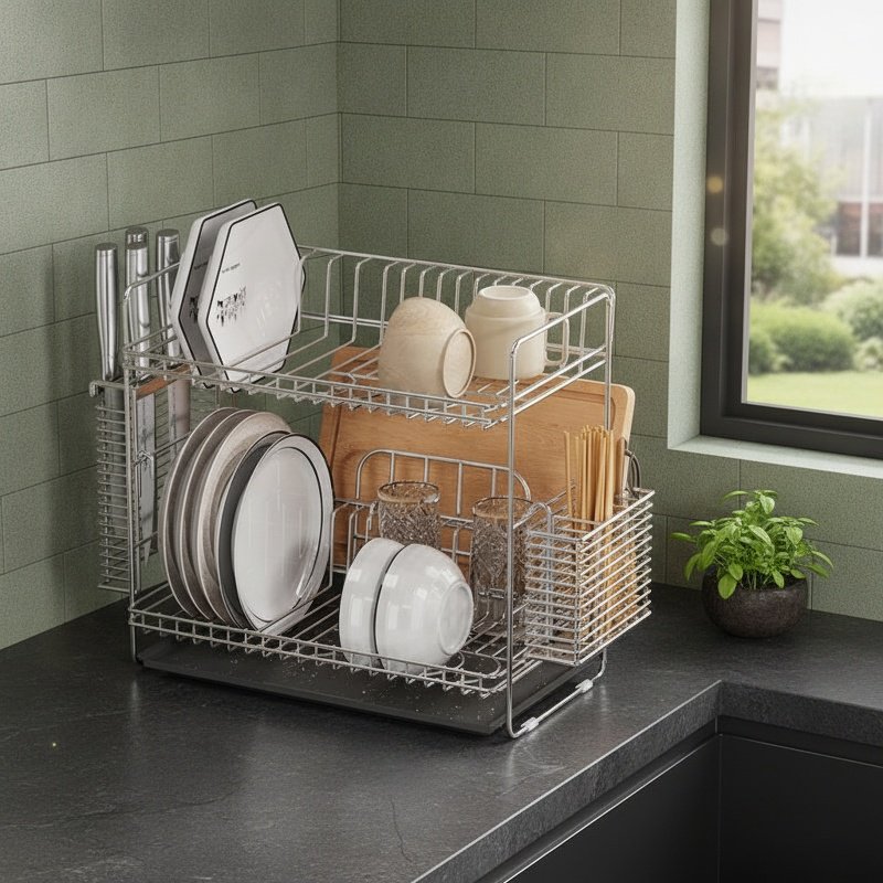 Kitchen Drain Rack 304 Stainless Steel Double Layer Dish Organizer