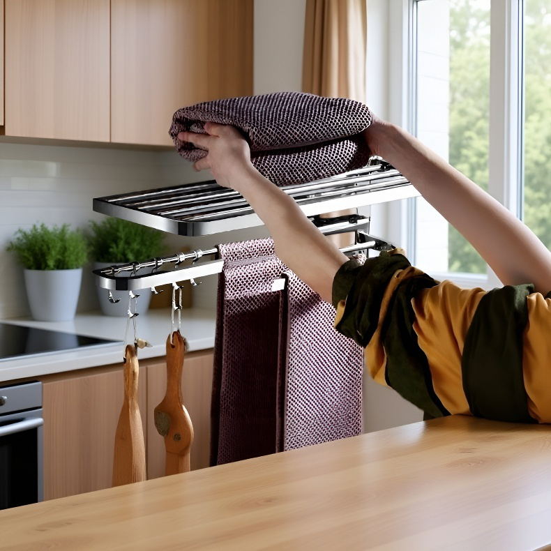 Space-saving towel rack with multiple bars for towels