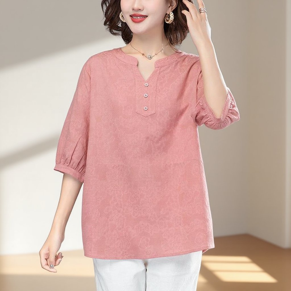 귀부인 중년 여성 엄마 반팔 블라우스 여 칼라 고급 린넨 덧장 빅 사이즈 면 마 상의 여름
