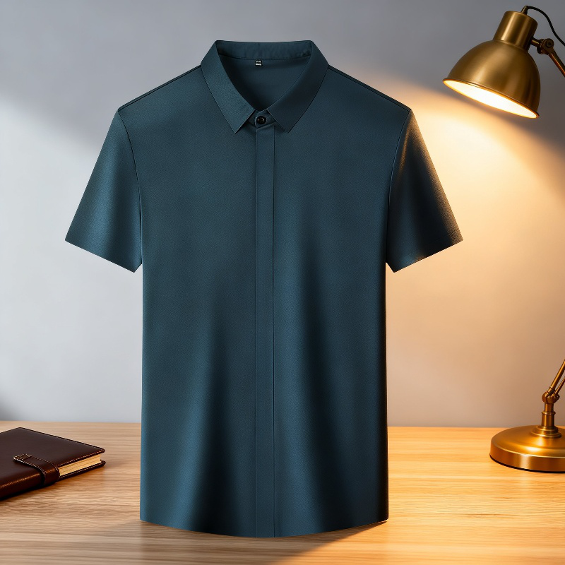 ビジネスメンズファッションシャツ 中年男性用ノンマーキング高弾性アイスシルク半袖シャツ サマーファッション・ビジネスシャツ