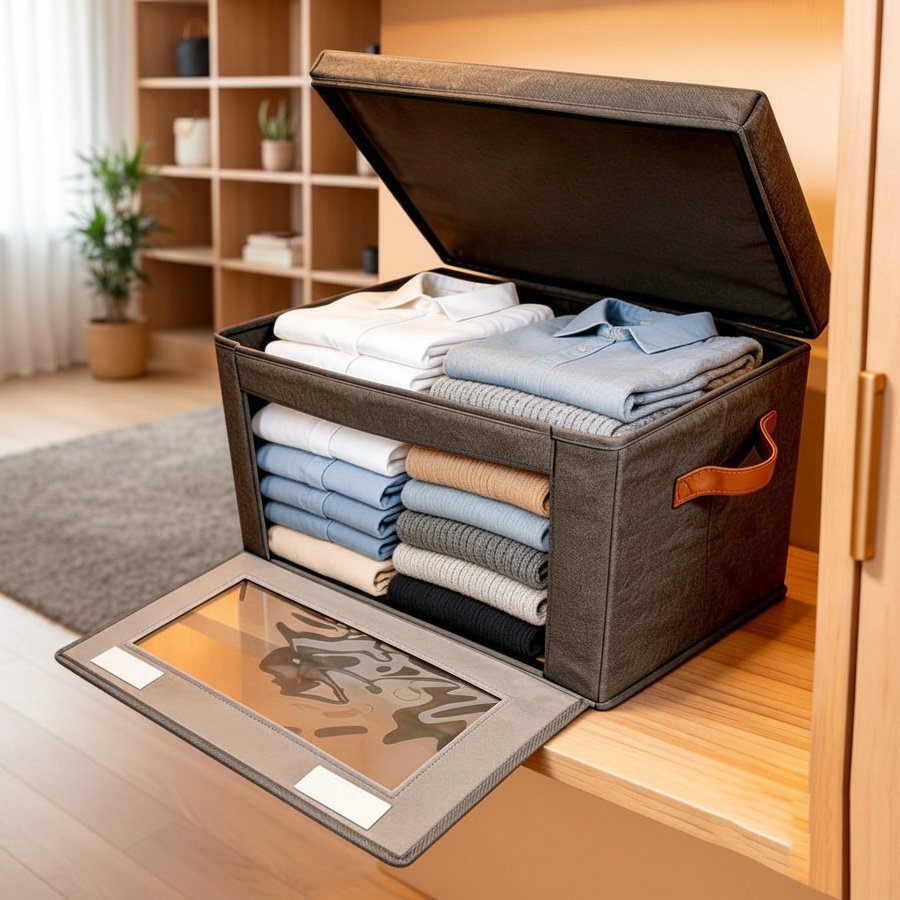 Folding Storage Box with Lid and Transparent Side Window, Wardrobe Organizer
