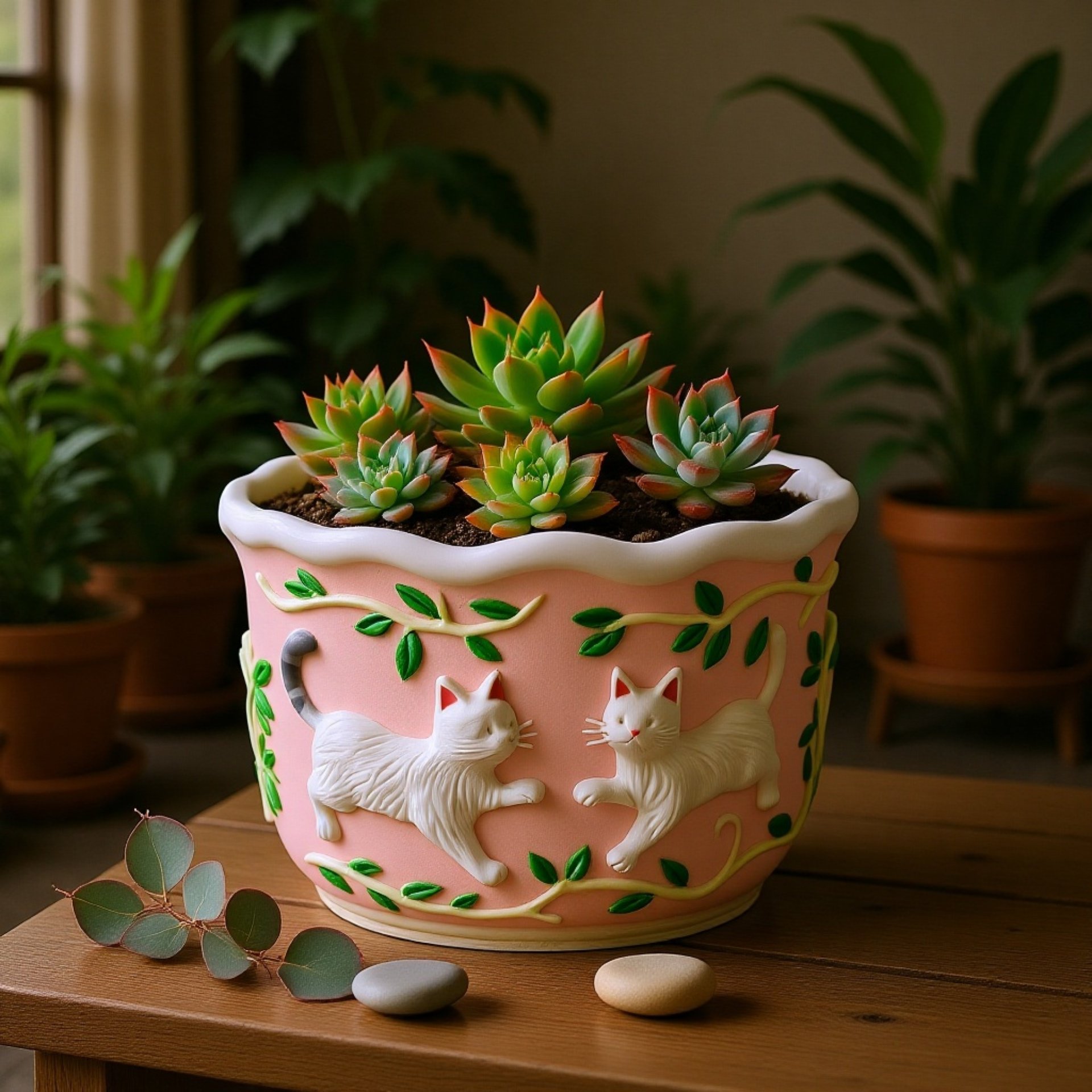 子猫と子犬レリーフ付きDIY植木鉢の完成例