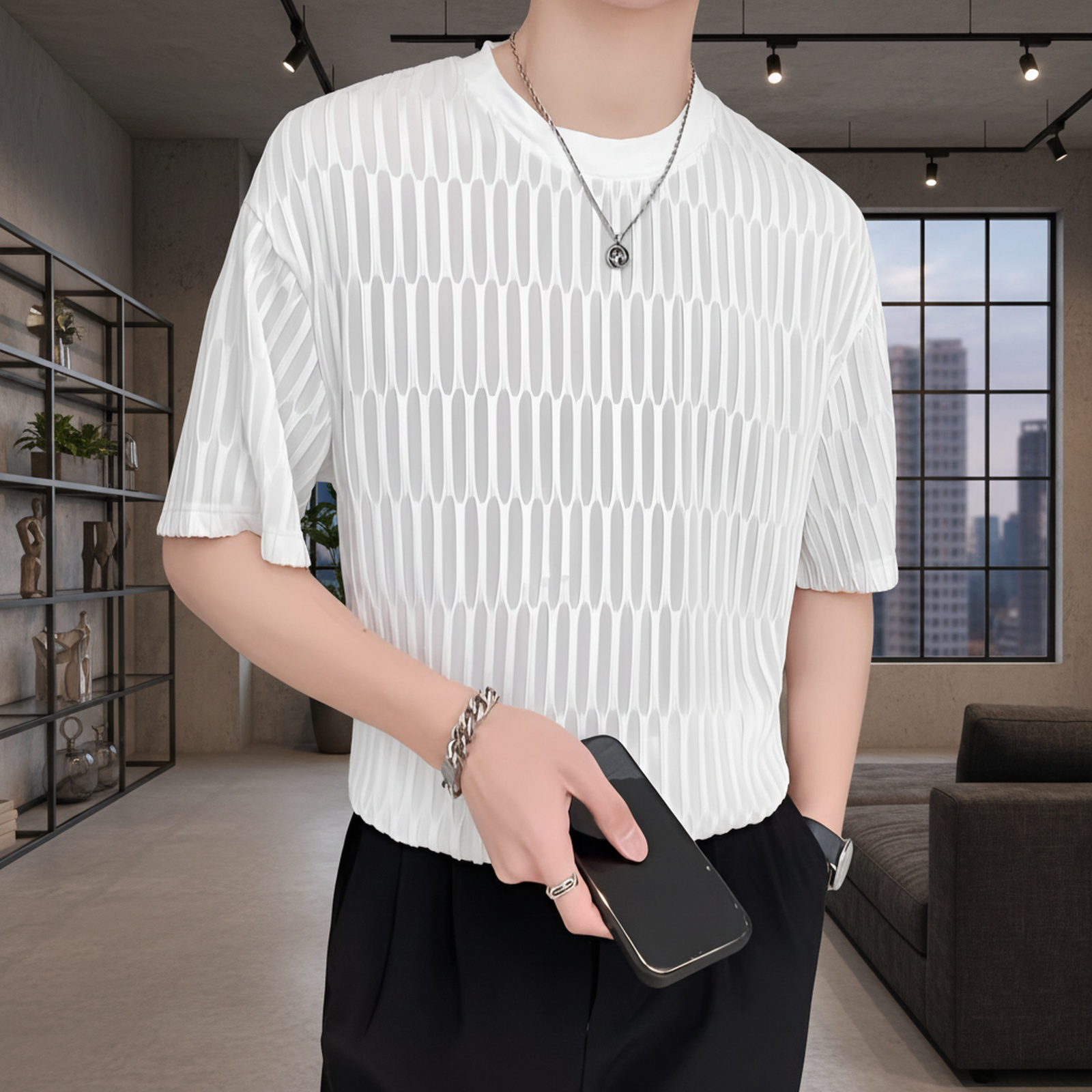 アイスシルクデザインメンズ半袖Tシャツ、夏のトレンドスタイル、軽やかで快適