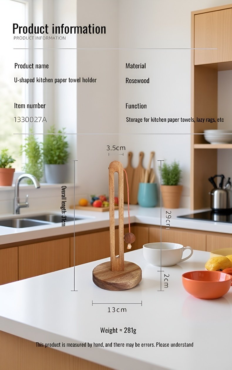 Close-up of the wooden paper towel holder showing punch-free adhesive installation