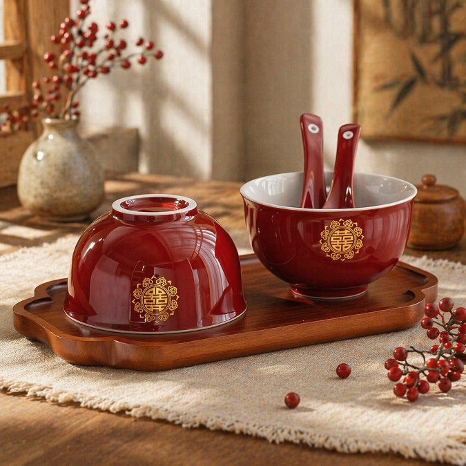 Chinese wedding ceramic wedding bowls a pair of round red wedding dowry bowls and chopsticks set wed