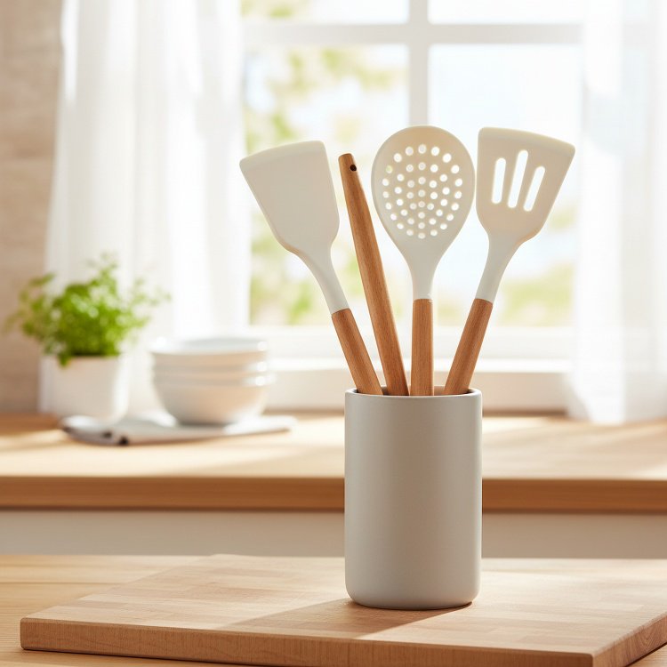 Heat-Resistant Wooden Handle Silicone Kitchenware 3-Piece Set (Soup Spoon, Spatula)