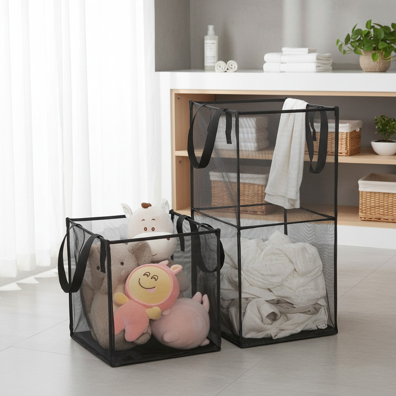 Large foldable mesh laundry hamper with sturdy handles